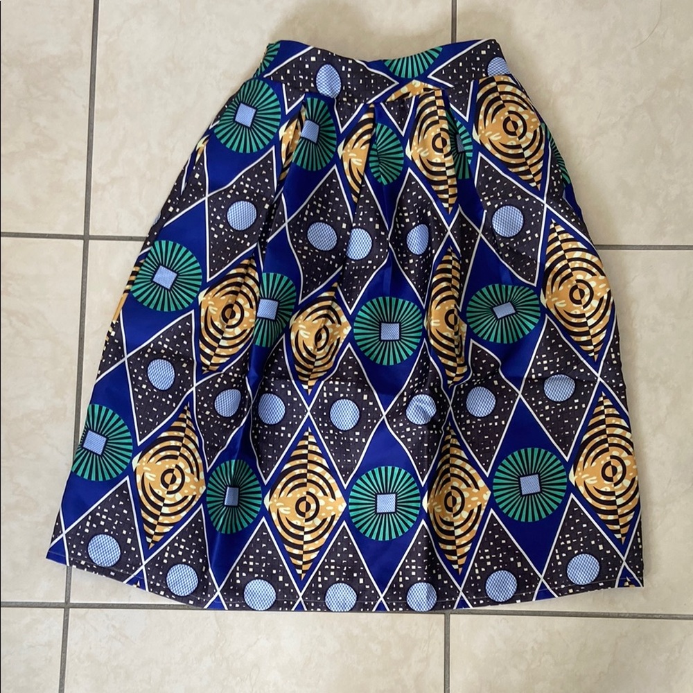 Yellow and Blue Pleated Midi Skirt A-Line Resort Wear